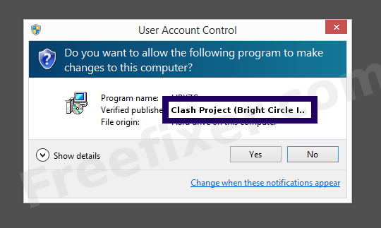 Screenshot where Clash Project (Bright Circle Investments Ltd) appears as the verified publisher in the UAC dialog